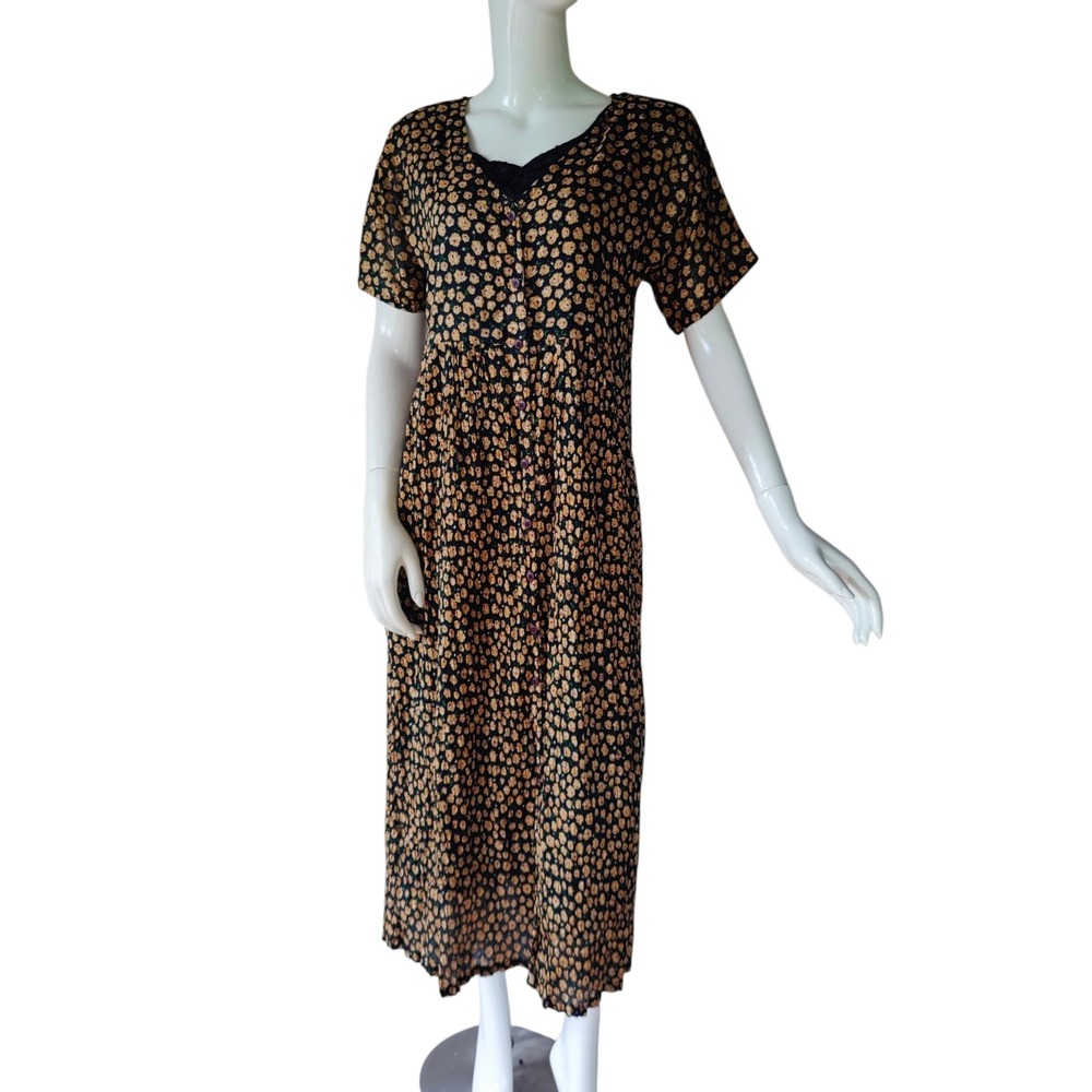 VTG 90s Grunge Cotton Lawn Plisse Maxi Dress Ditsy Floral Large Jamie Brooke